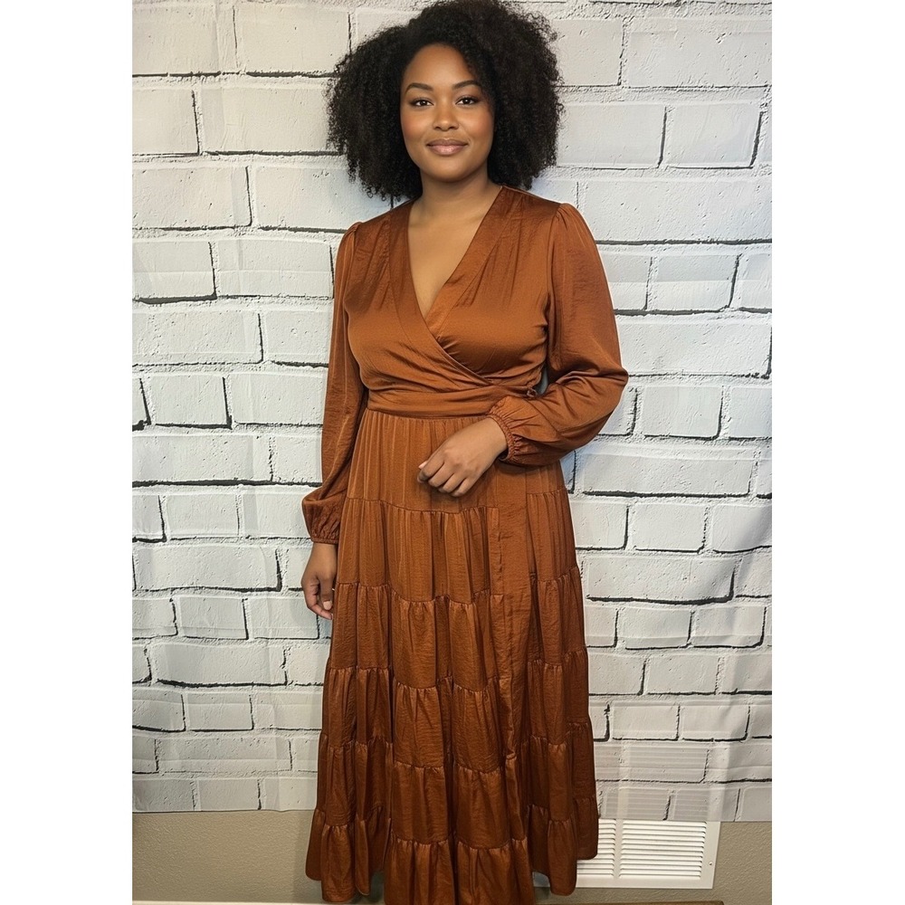 Gibson Latimer Rust Copper Satin Tiered Maxi Dress XXL Long Sleeve Wrap Front